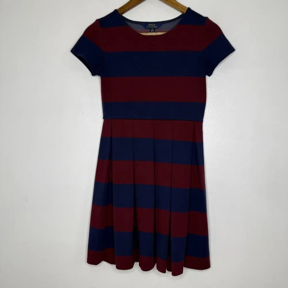 Polo Ralph Lauren Dress Girls Large 12-14 Striped Short Sleeve Pleated Classic